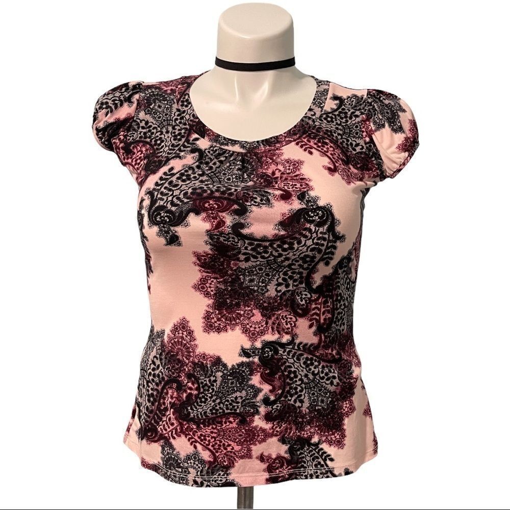 𝅺worthington Lace Floral‎ Print Short Sleeve Blouse Top-Pink/Burgundy/Black
